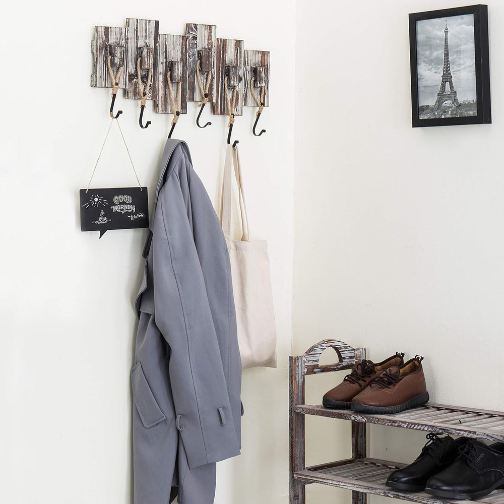 MyGift Rustic Wall Mounted Hat & Coat Rack, Rope Hooks, 6 Hook Storage