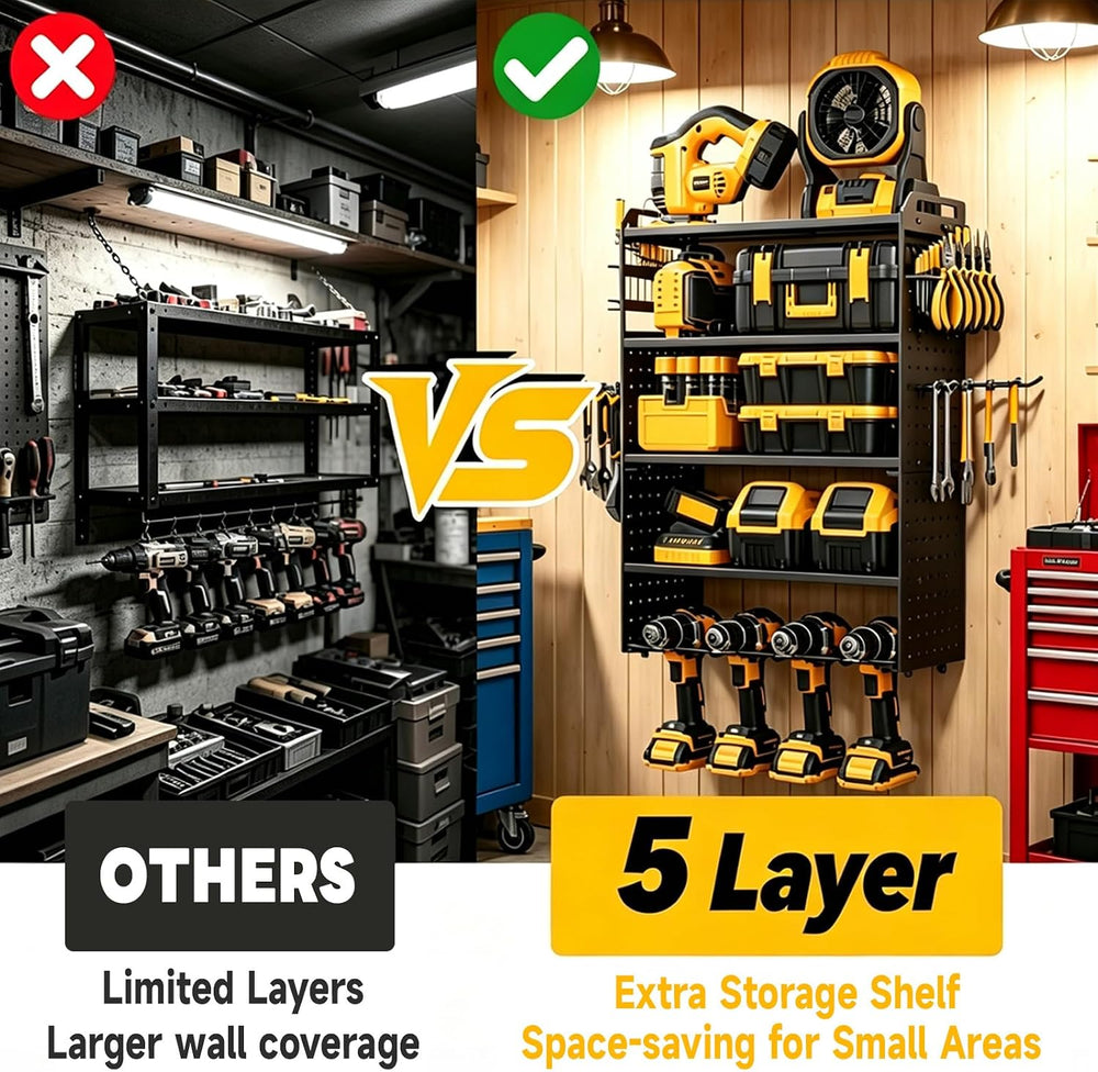 2 Pack Power Tool Organizer Wall Mount, 5‑Tier Garage Organization, Black