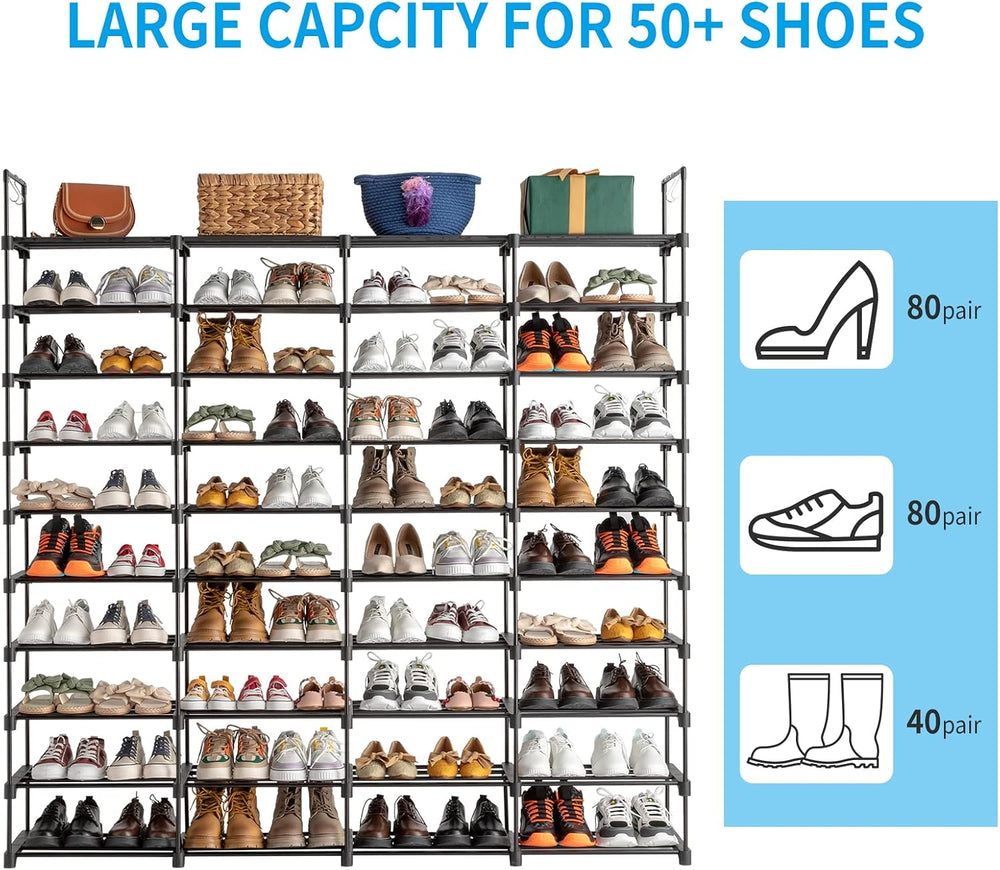 10-Tier Tall Shoe Rack - Free Standing Large Metal Closet Storage Shelves - S...