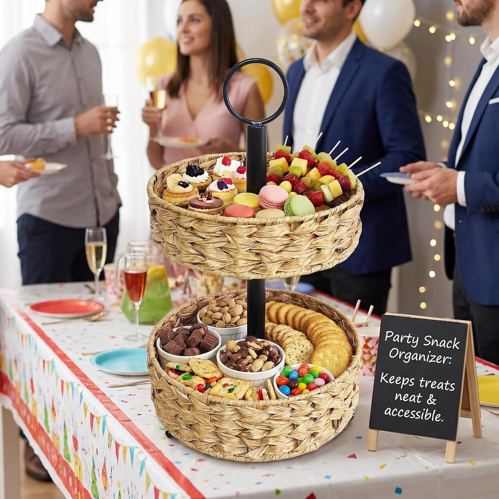 2-Tier Round Faux Rattan Wicker Storage Basket with Metal Frame, Countertop O...