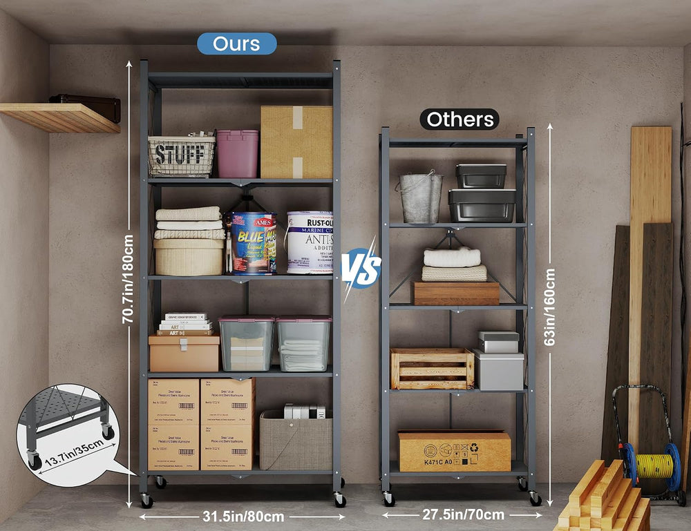 ALANNG 70.7" H Metal Storage Shelves, 5 Tier Folding Shelf on Wheels