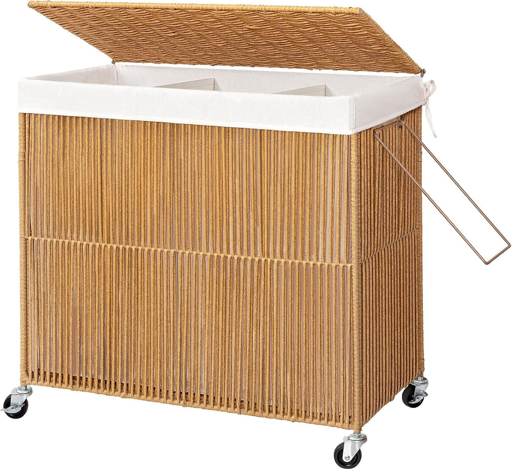 WOWLIVE Laundry Basket 3 Section, Handwoven Laundry Hamper with Wheels