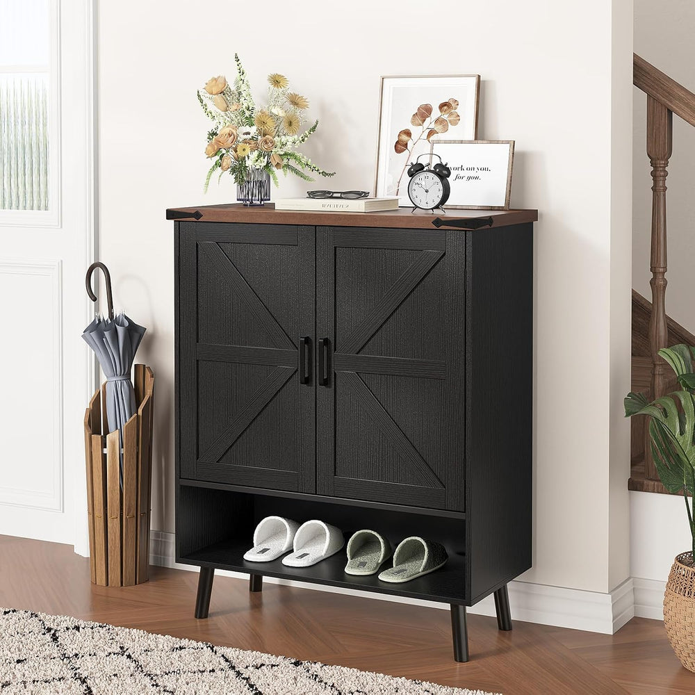 Vabches 34" Tall Farmhouse Shoe Storage Cabinet with Barn Doors, Black