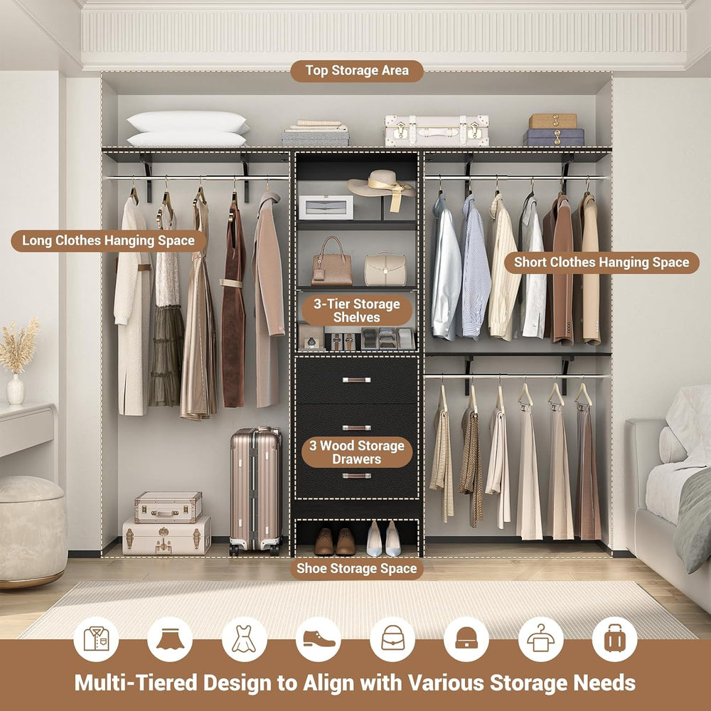 Besiost Closet System with Drawer - 8FT Wood Closet Organizer System with 3 H...
