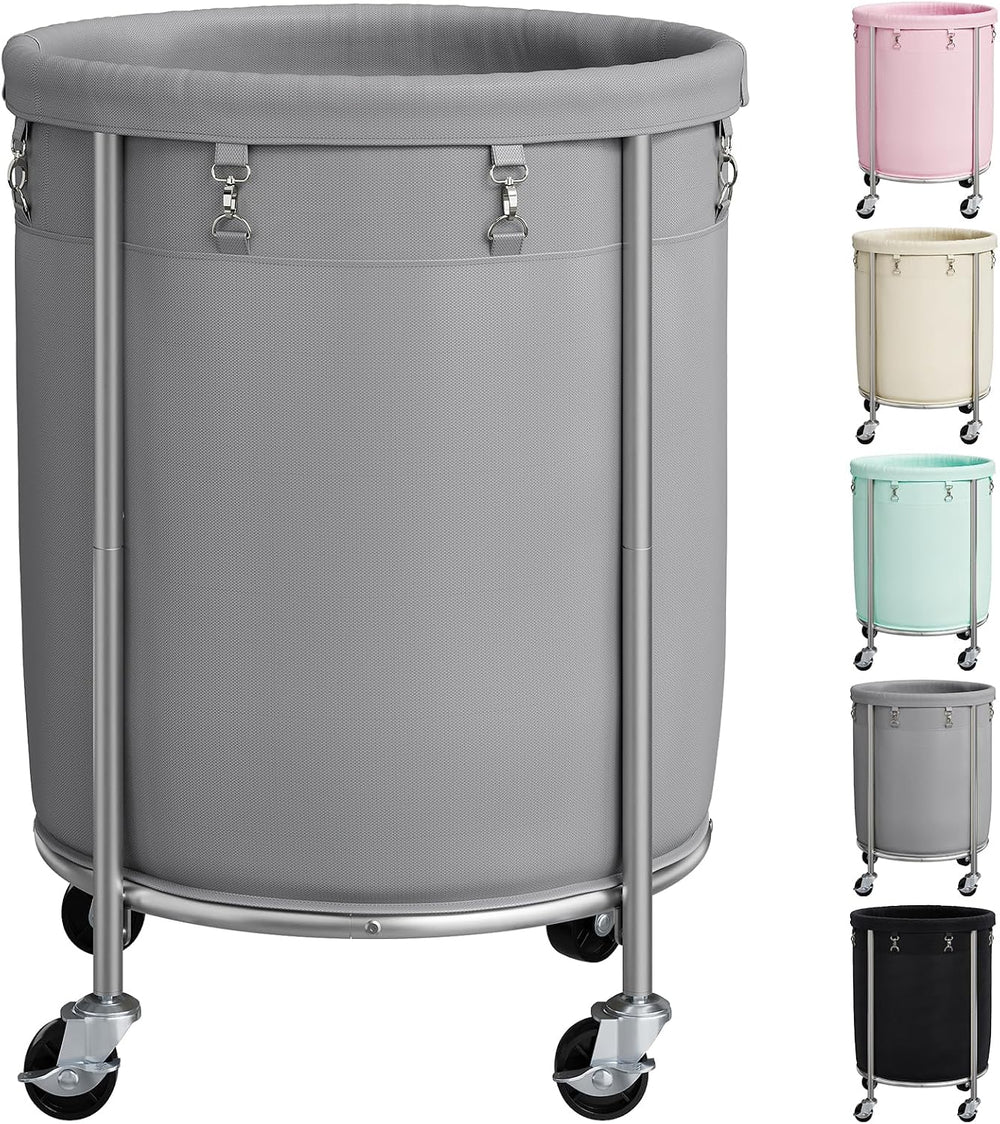 ELYKEN Laundry Basket with Wheels, Round Rolling Laundry Hamper, Gray