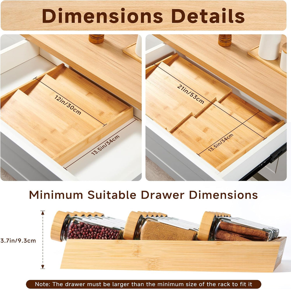 3-Tier Expandable Bamboo Spice Drawer Organizer, Adjustable Width 12" to...