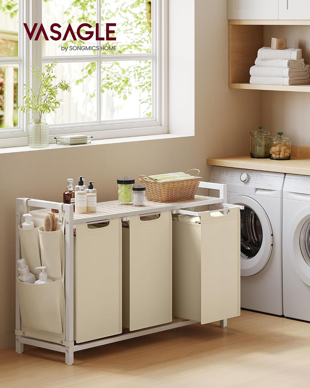 VASAGLE Laundry Hamper with Shelf, 3 Pull-Out Bags, 3 x 10.6 Gallons (40 L)