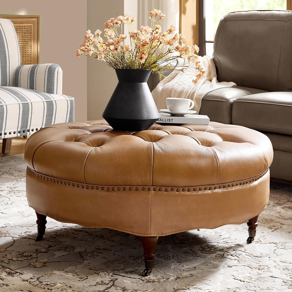 HULALA HOME 40" Genuine Leather Coffee Table with Rolling Wheels, Camel