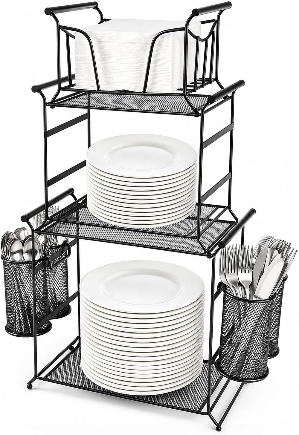 HULISEN 3-Tier Buffet Caddy, 7-Piece Paper Plate & Utensil Holder for Party