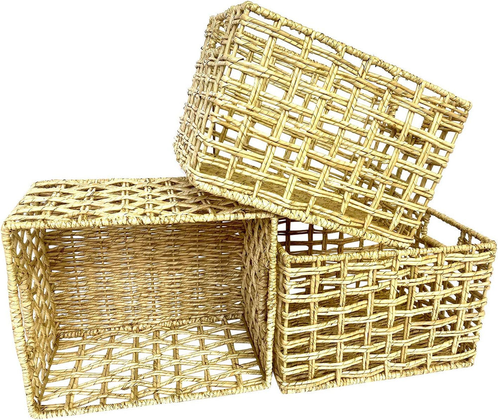 Handwoven Buri & Wicker Storage Baskets Set of 3 Open Weave, 12 x 10 x 8 In