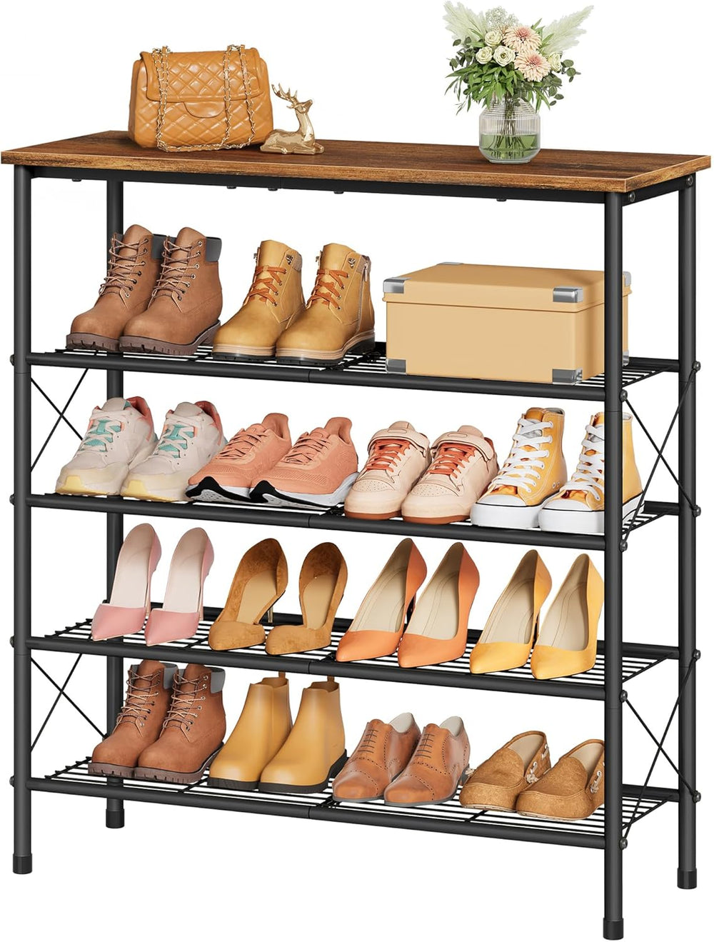 Tajsoon 5 Tier Shoe Rack for 16-20 Pairs of Shoes, Rustic Brown & Black
