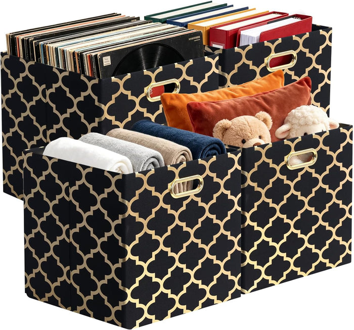 Posprica 11x11x11 Storage Cube Bins, Collapsible Storage Bins Fabric Storage Cubes Organizer Baskets Box Drawers for Shelves, Closet, Wardrobe, Bookshelf, Cabinet (Set of 4, Black/Gold lantern)