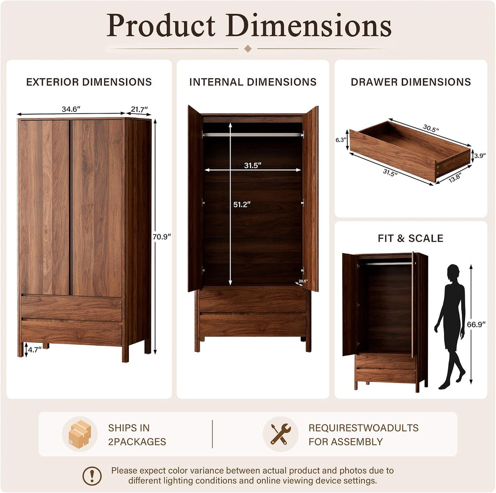 Armoire Wardrobe Closet, 70.9" Tall Wardrobe Cabinet with 2 Doors, 2 Lar...