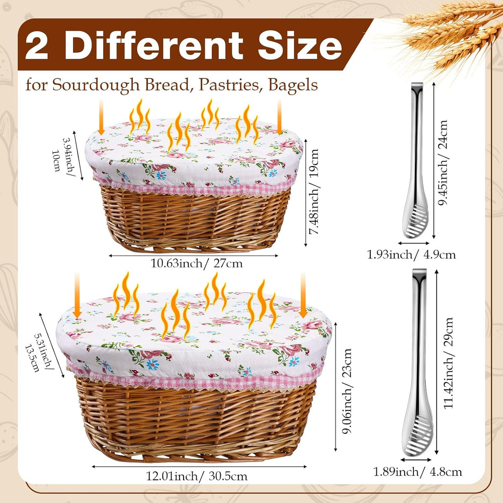 Qinyoung 2 Sets Wicker Bread Baskets with Liner and Tong, Fresh Style