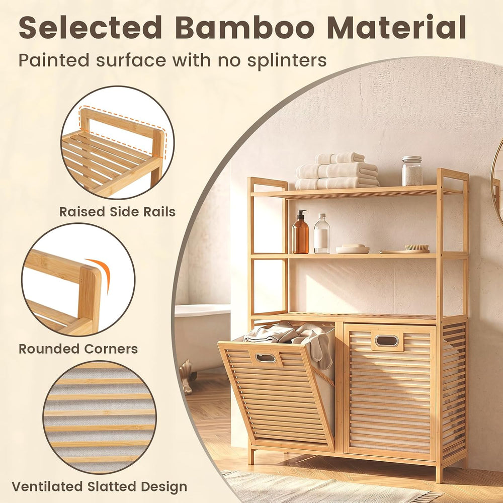 GOFLAME Bamboo Double Tilt Out Laundry Hamper Cabinet with Shelves