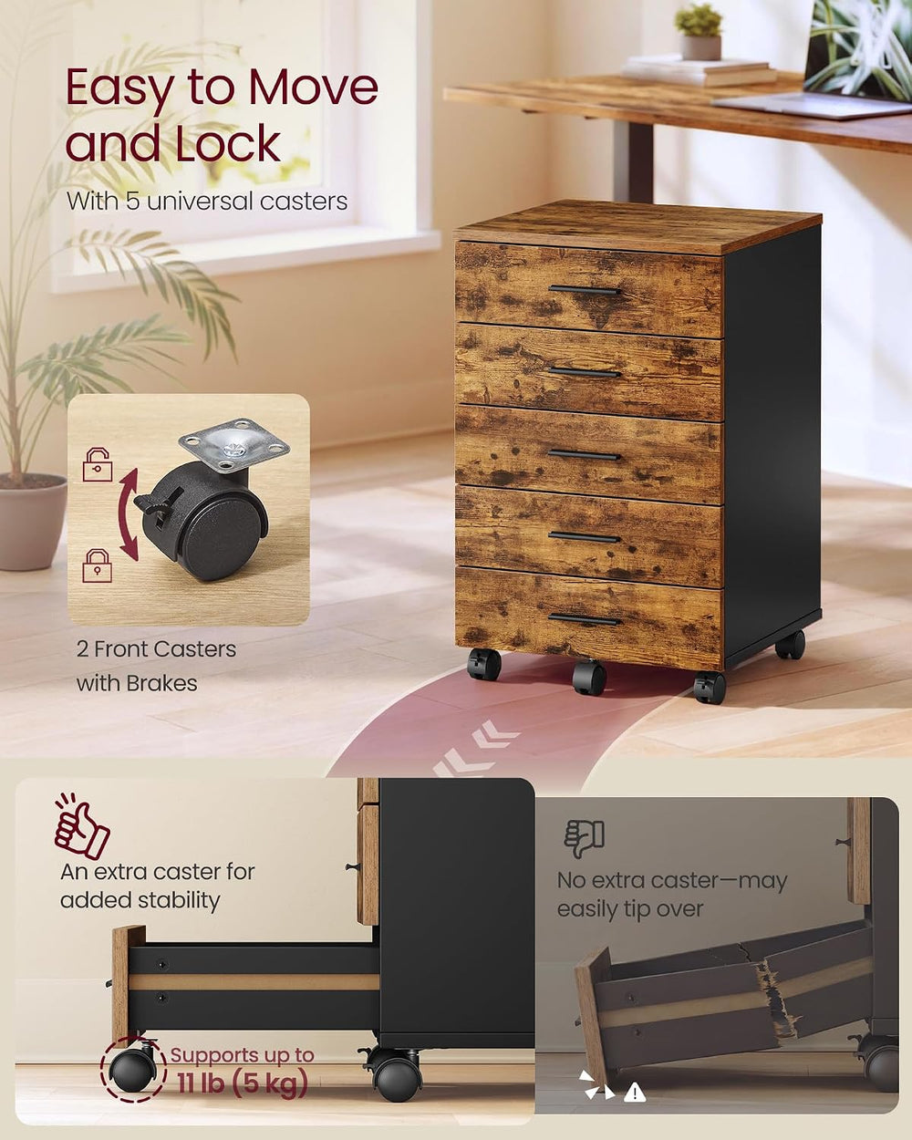 VASAGLE File Cabinet, Mobile Pedestal Filing Cabinet with Wheels