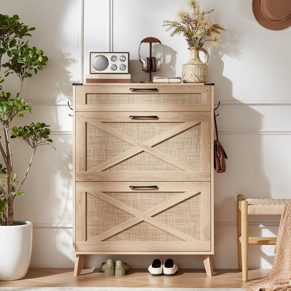 LEYAOYAO Rattan Shoe Cabinet Storage for Entryway with 2 Flip Drawers