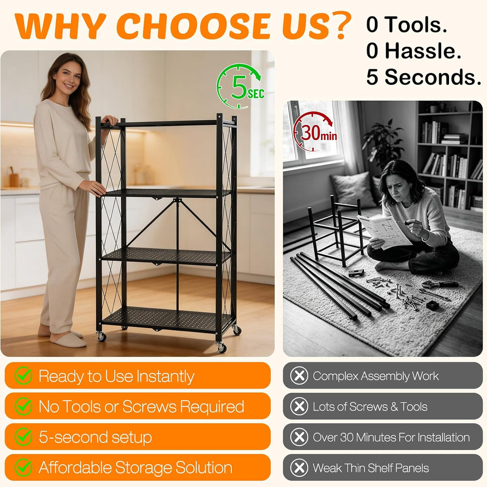 4 Tier Foldable Storage Shelves with Wheels No Assembly