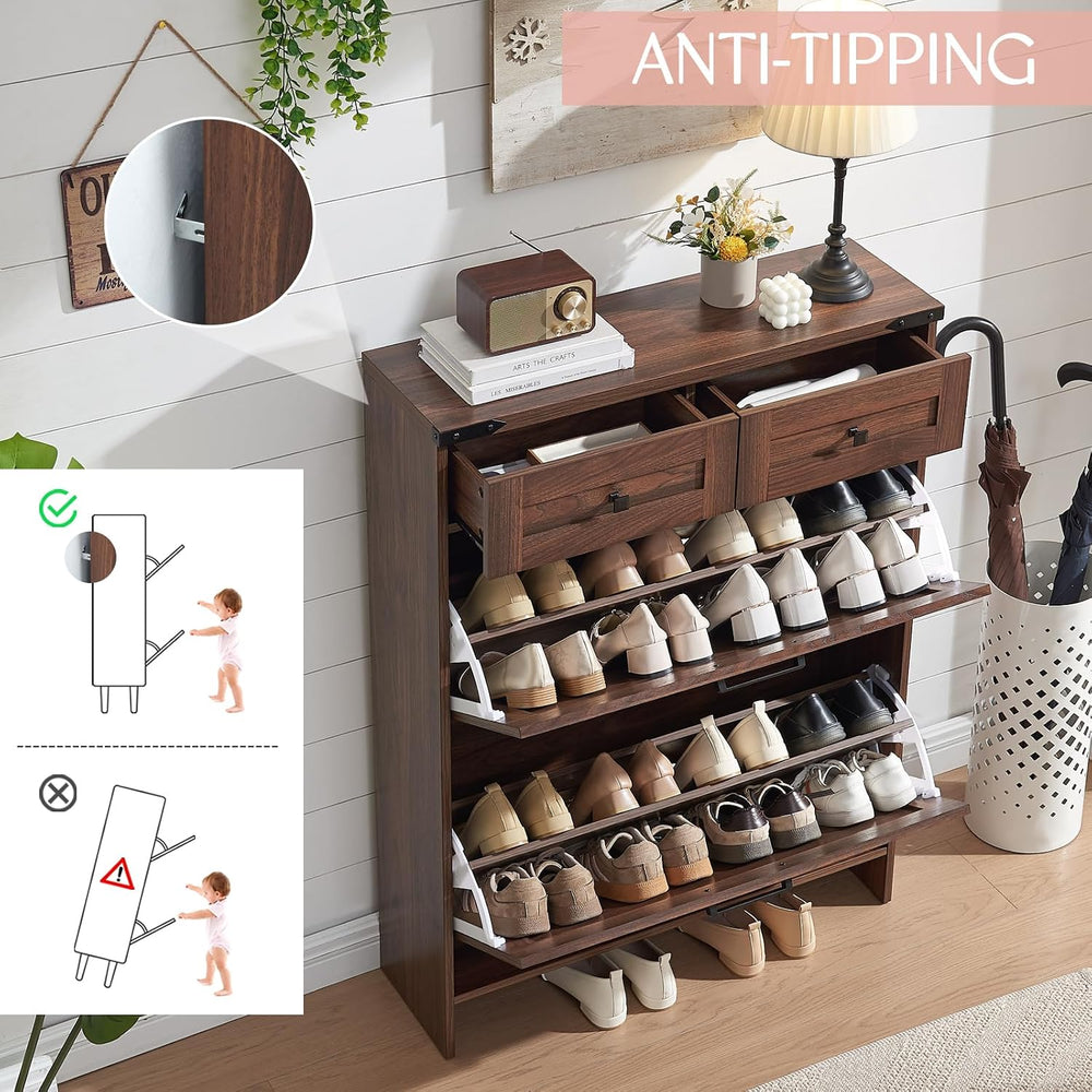 Barnyatoh Farmhouse Shoe Cabinet with 2 Flip Drawers & 2 Storage Drawers