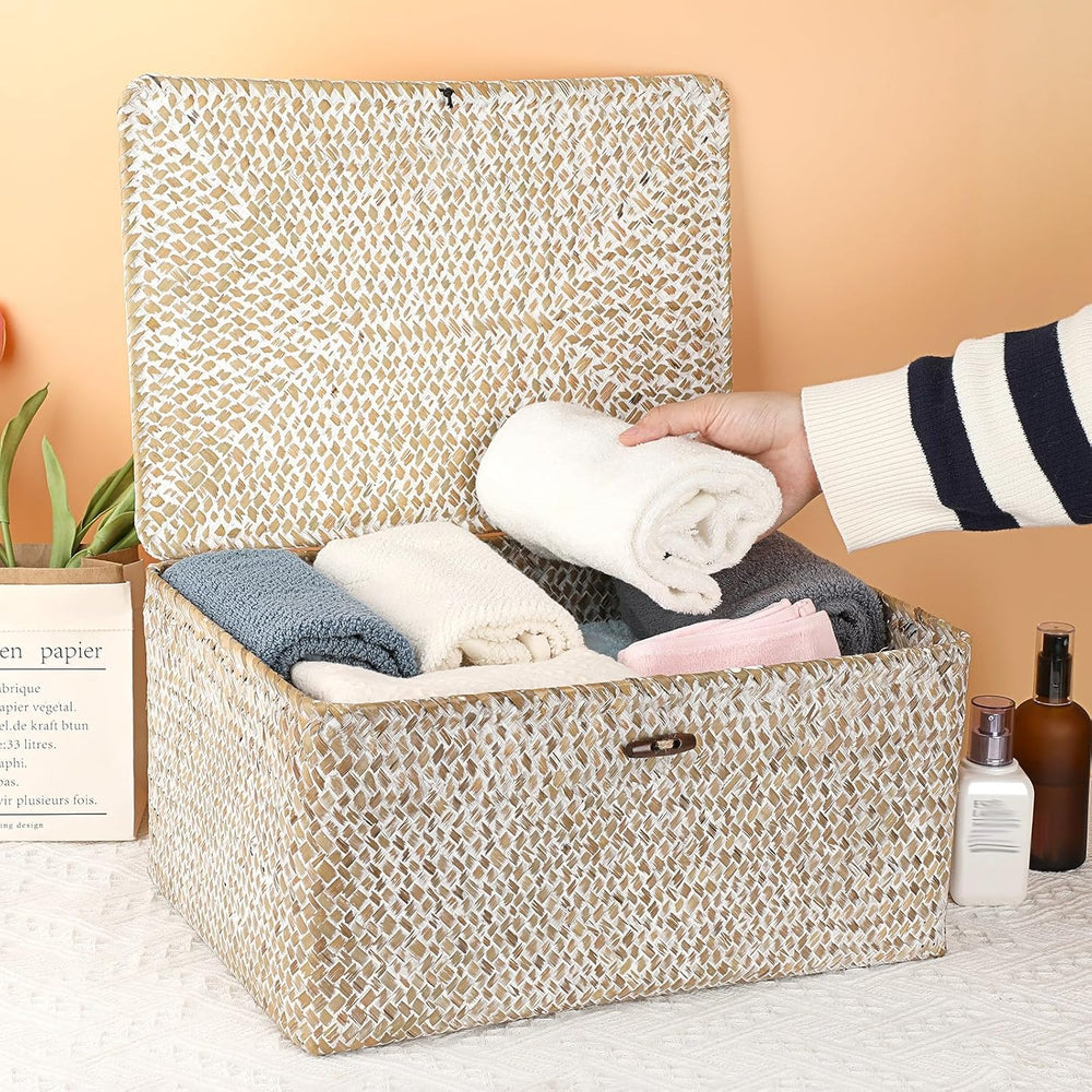 Hipiwe Wicker Woven Baskets Bin with Lid Seagrass Storage Basket, X-Large