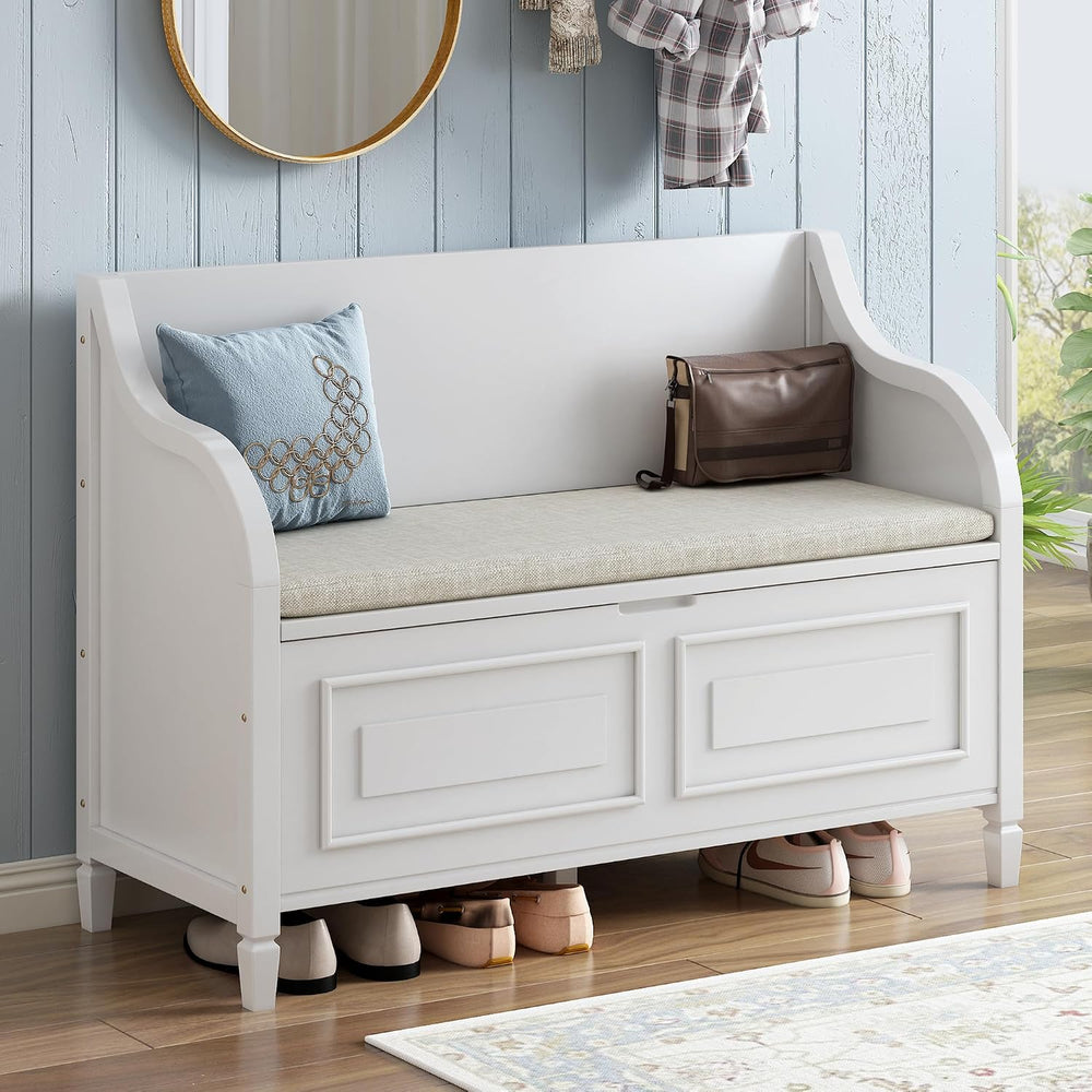 42" Rustic Storage Bench Entryway Bench Shoe Cabinet Ottoman (White)
