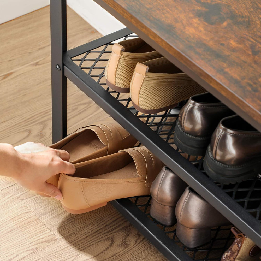 VASAGLE 3-Tier Shoe Rack, Storage Bench with Metal Mesh Shelves and Seat