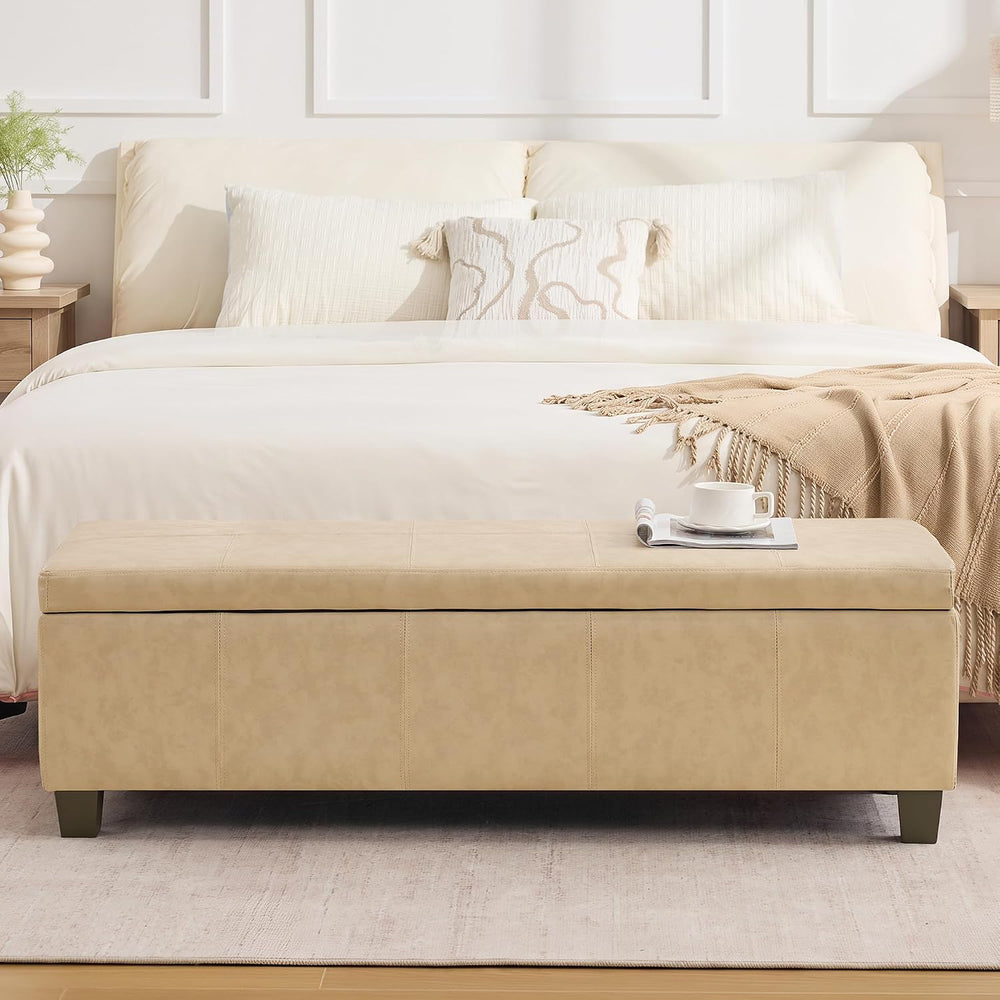 51 Inch Storage Ottoman, Storage Bench with Safety Hinge, Upholstered Synthet...