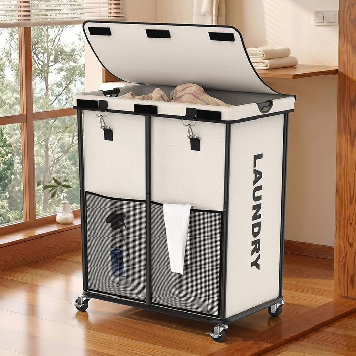 Laundry Hamper with Wheels and Lid, 225L Large Rolling Laundry Basket White