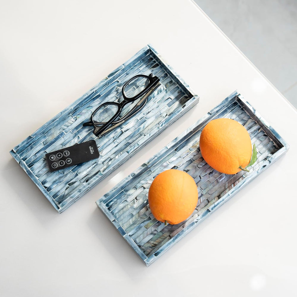 PEMAR Blue Mother of Pearl Tray Set of 2 – Handcrafted Decorative Vanity &...