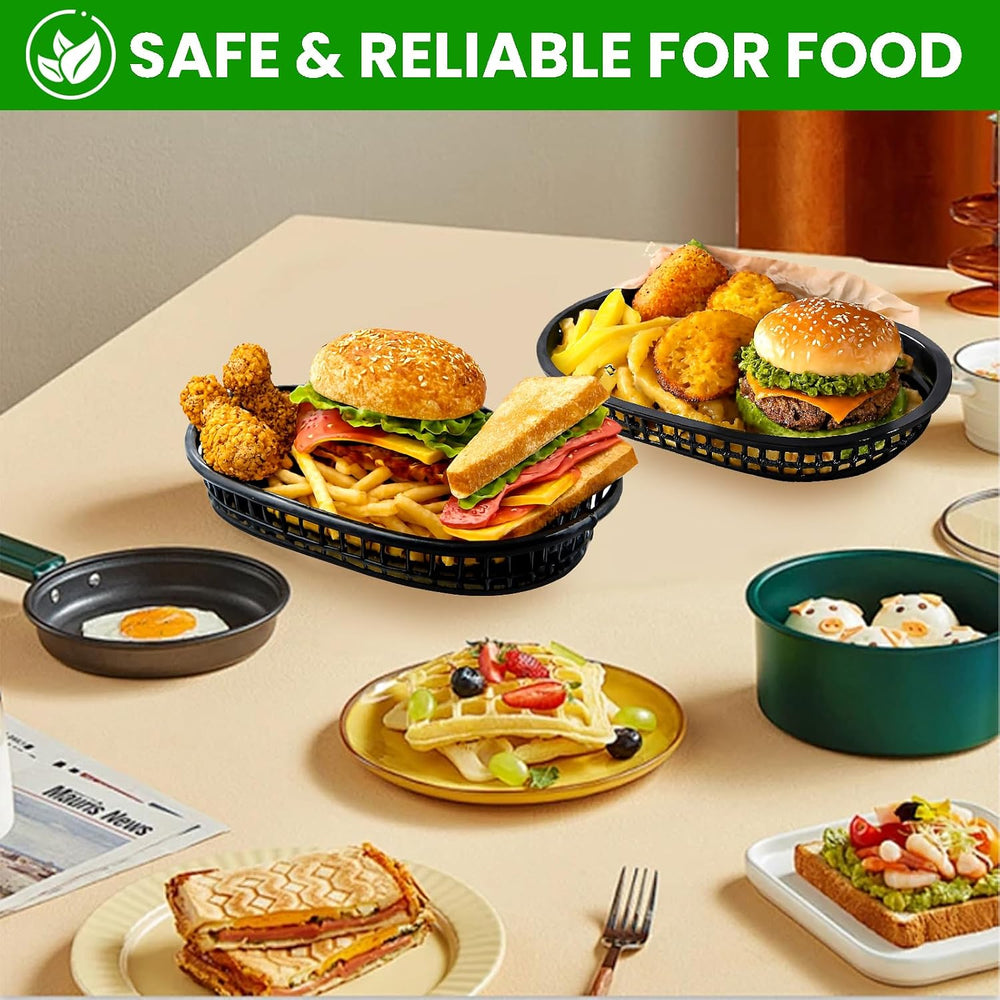 60 Pack Fast Food Baskets, 10.5 x 7 Inch Black Plastic Basket Restaurant Tray...
