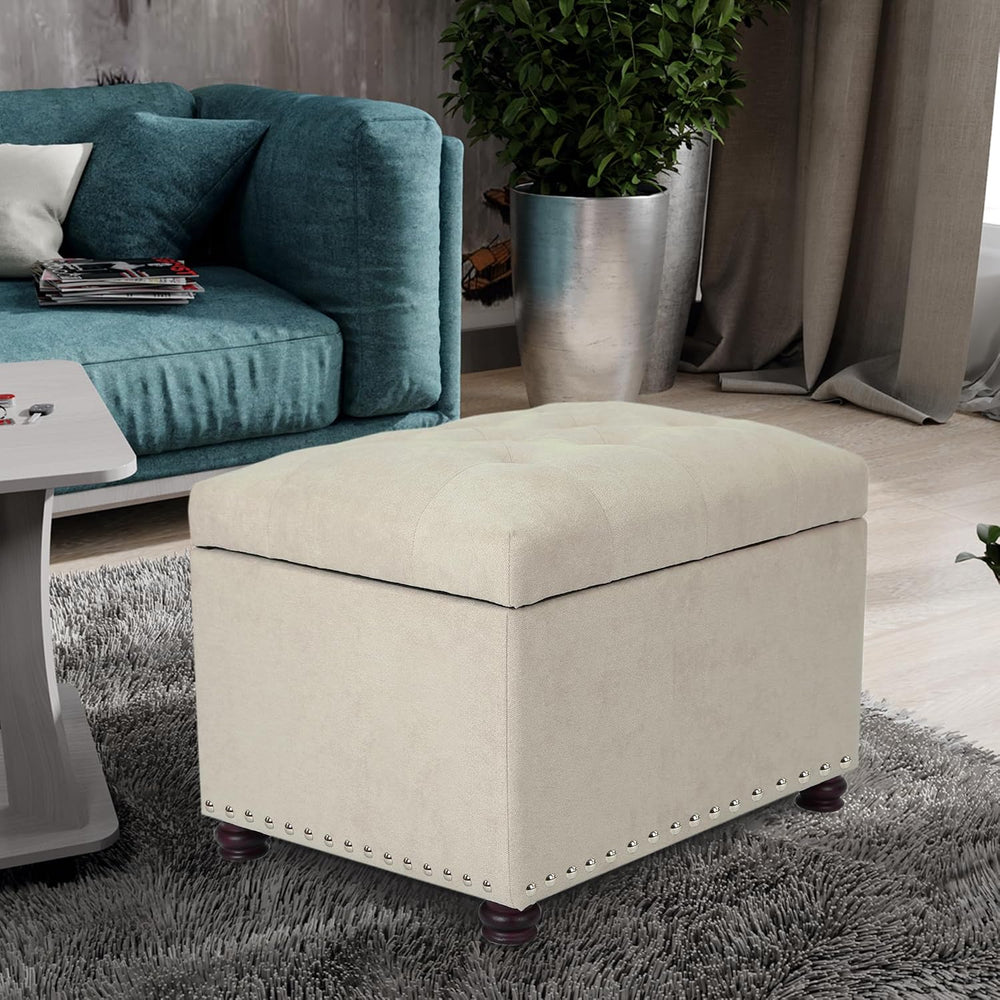 Beige Ottoman with Storage,24" Fabric Ottoman for Living Room