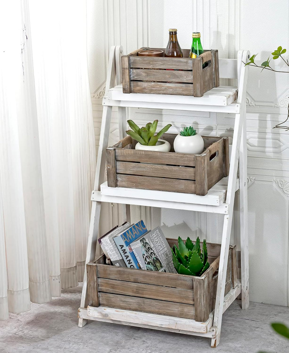 TIMRIS Set of 3 Rustic Wood Nesting Crates, Farmhouse Wooden Storage Containe...