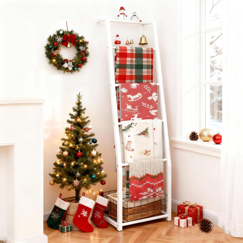 6.3ft Blanket Ladder with Storage Basket, 5 Tier Decorative Ladder Shelf Stan...