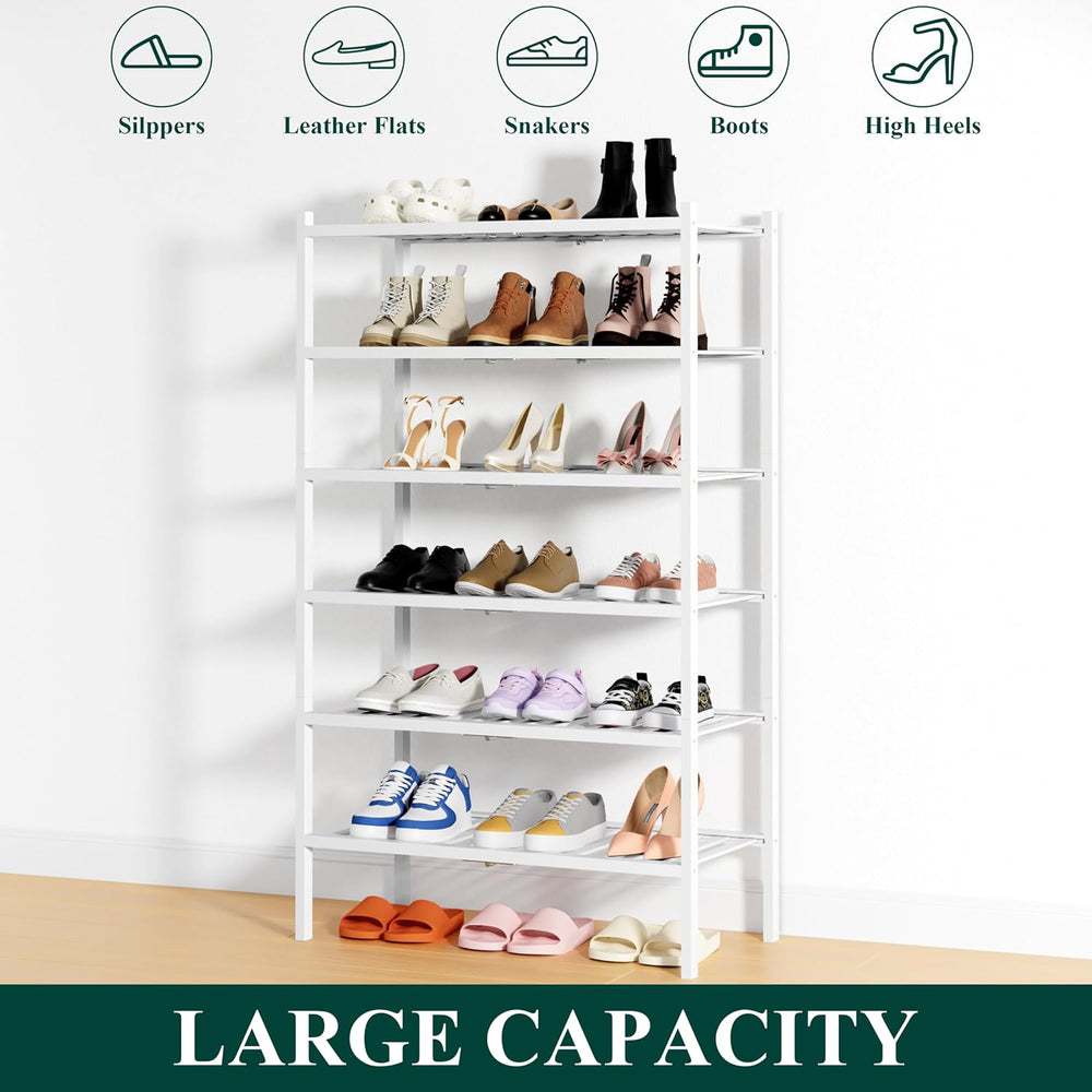 Smiry Bamboo Shoe Rack, 14 Vertical Slats, 6 Tier - 26.8" Wide, White