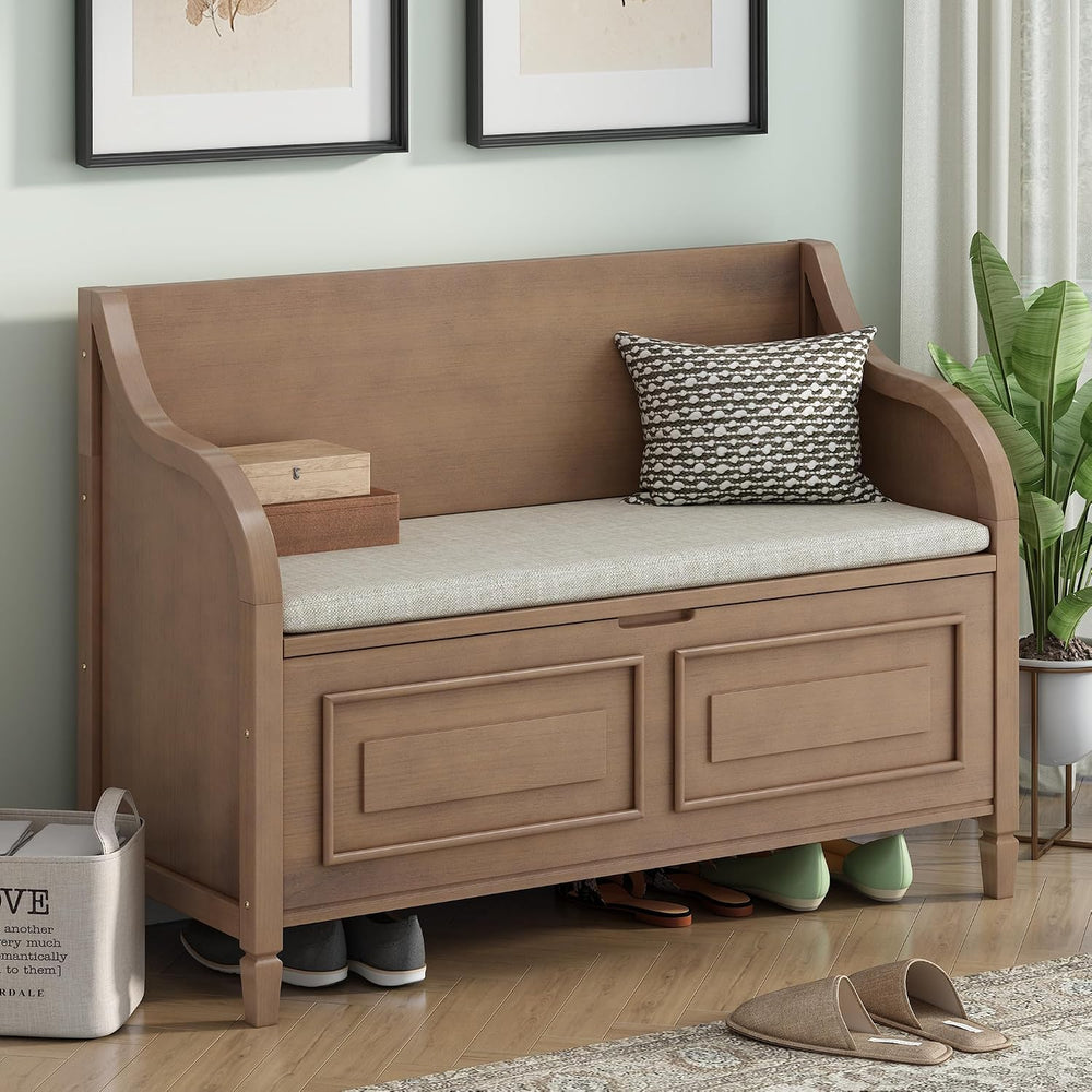 Bellemave Storage Bench with Safety Hinge Wooden Entryway Benches with Shoe C...