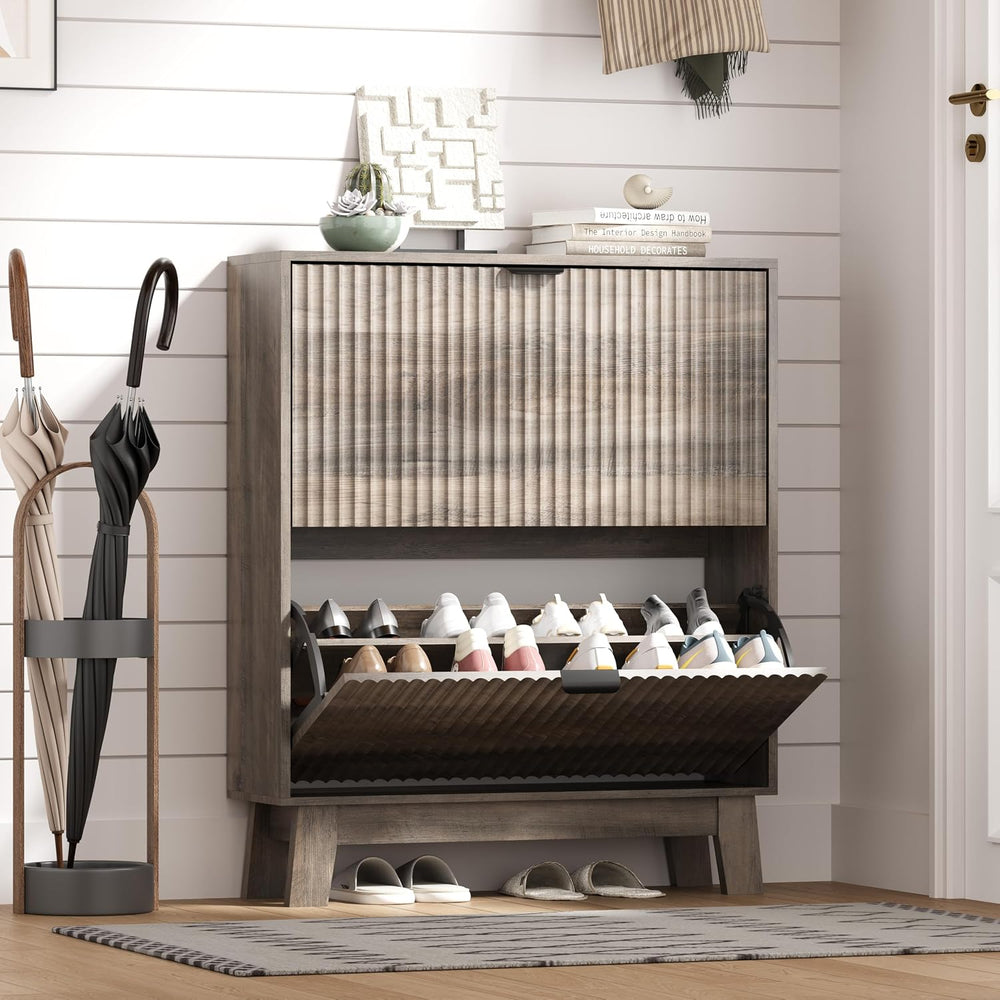 HUANLEGO Shoe Cabinet Storage for Entryway with 2 Flip Drawers, Fluted Narrow...