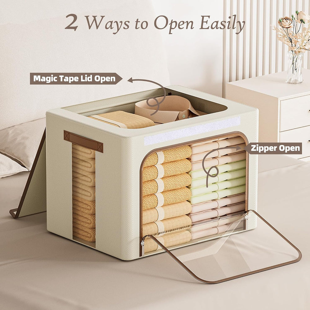 Yecaye Foldable Large Clothes Storage Bins with Lid, Beige, 66L, 3 Pack