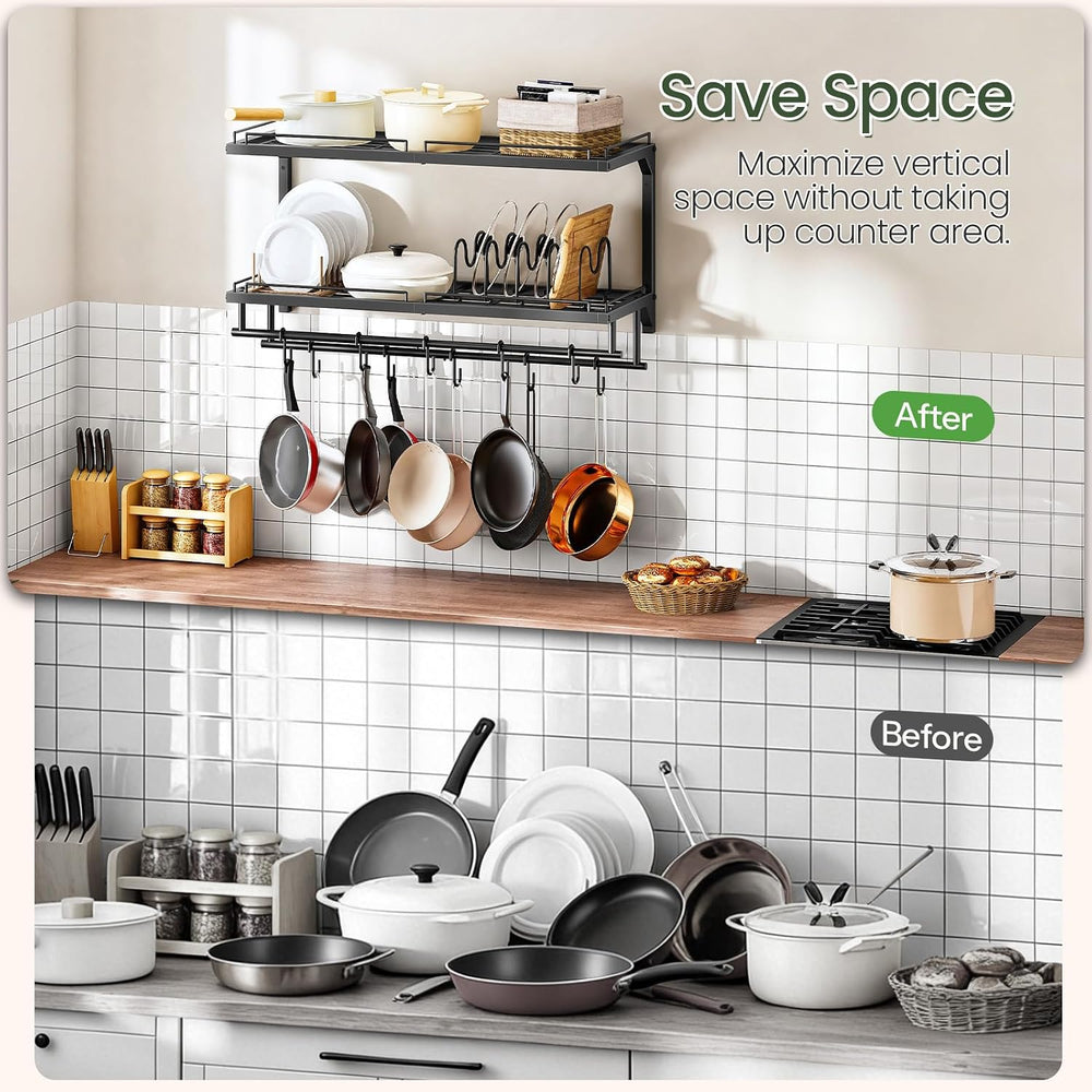 Pot Rack, Wall Mounted Pan Holder, 2-Tier Pot and Pan Organizer, Heavy Duty P...