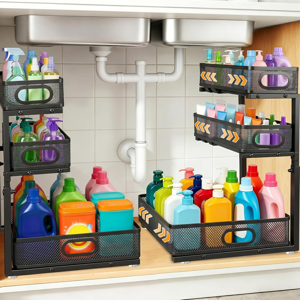 3 Tier Adjustable Under Sink Organizer for Bathroom & Kitchen(2Pack, Black)