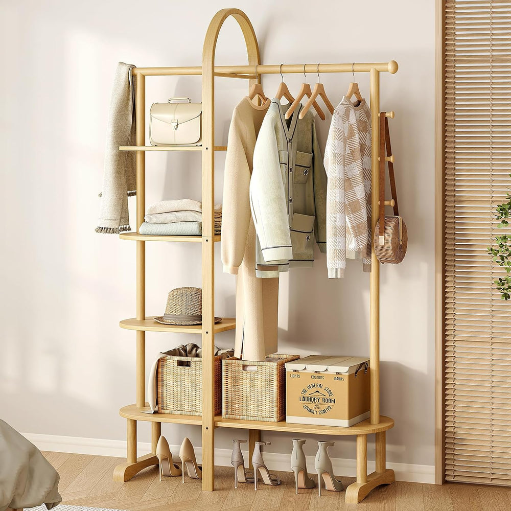 41.3" Wide 3-in-1 Freestanding Clothing Rack, Wooden Coat Rack with 4 Sh...