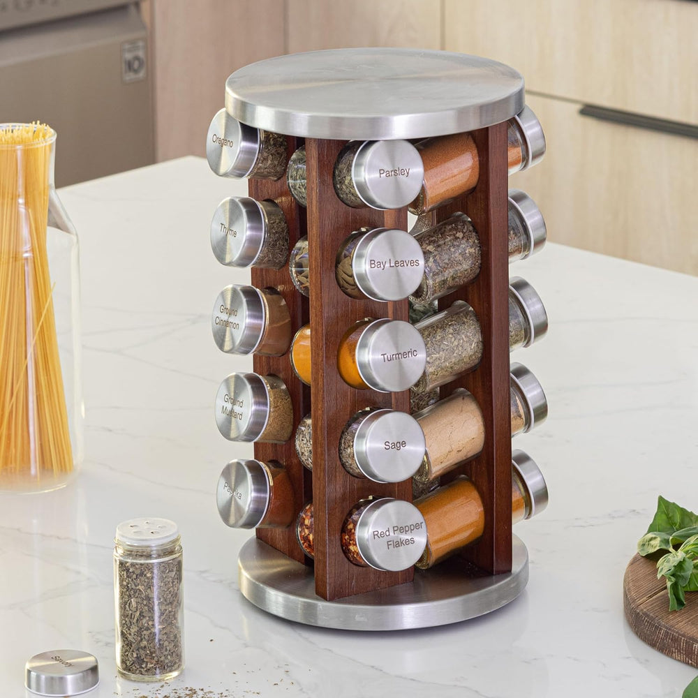 Orii 20 Jar Rotating Dark Acacia Wood Spice Rack with Spices Included & 5...