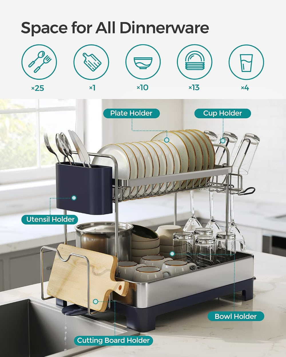 SONGMICS 2 Tier Dish Drying Rack for Kitchen Counter