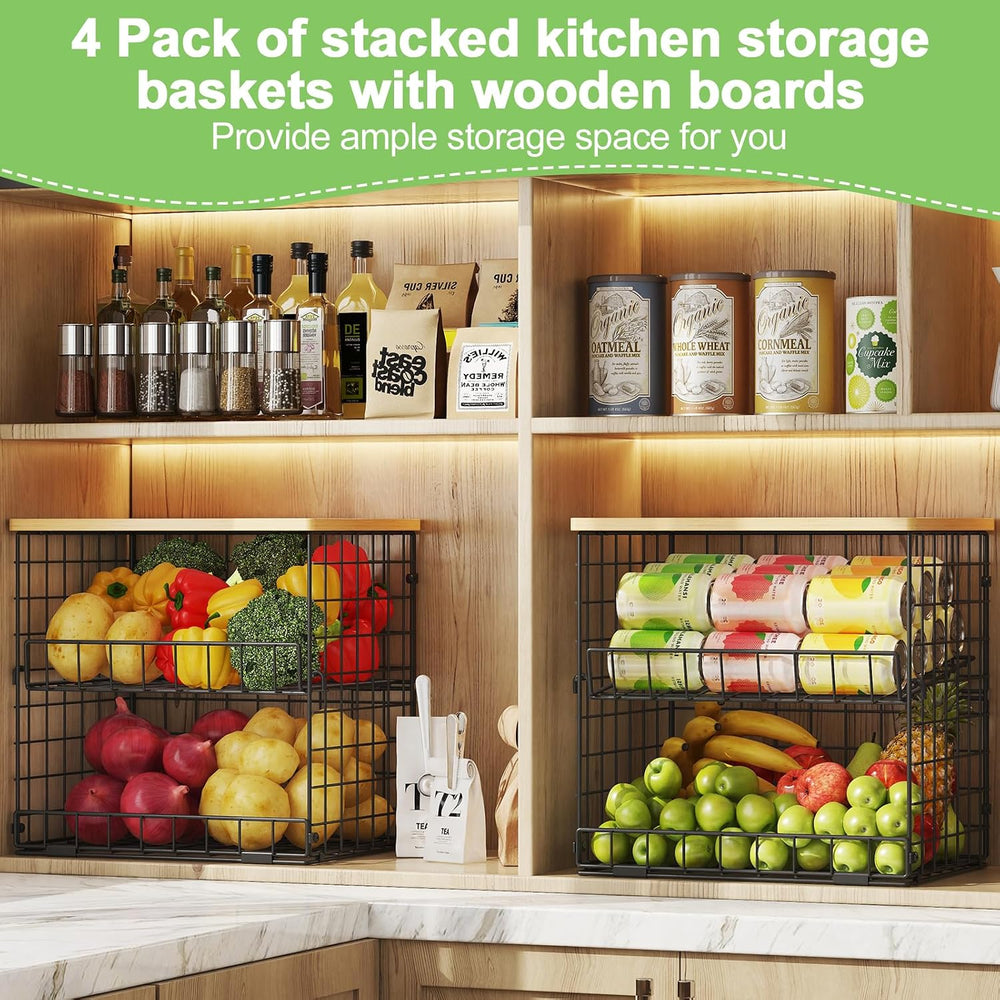 4 Pack Stackable Wire Baskets for Pantry Organizers and Storage, Pantry Baske...