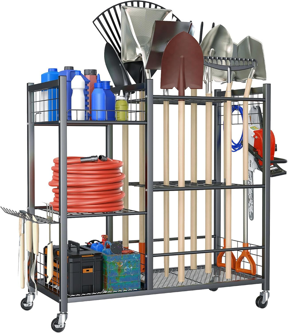 TORACK Garden Tool Stand with Wheels, Rakes Shovels Holder Yard Tools Organiz...