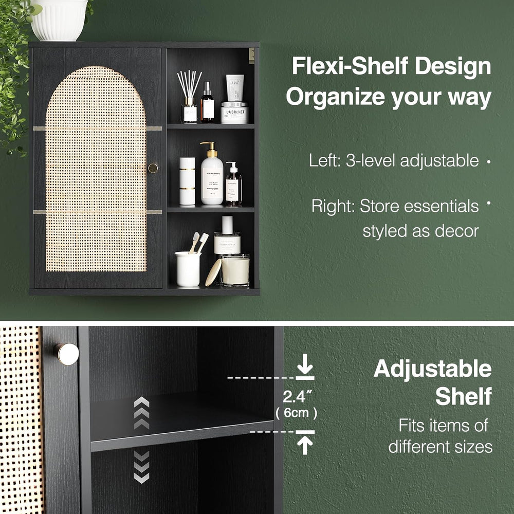 Rattan Bathroom Wall Cabinet, Boho Medicine Wall Cabinets with Door and Adjus...