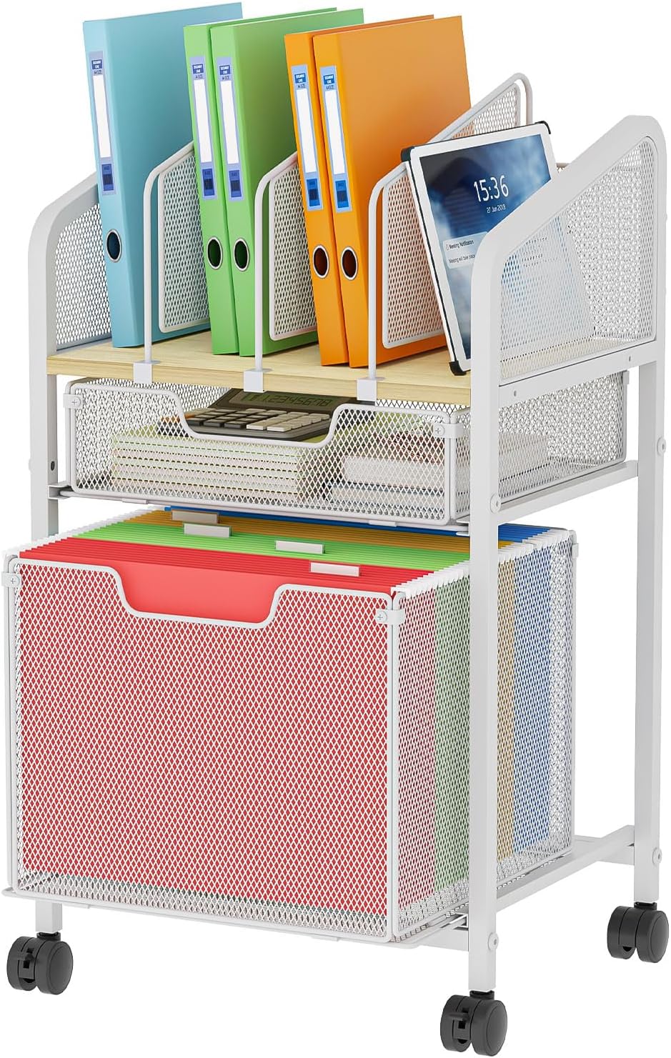 Rolling File Cabinet with Adjustable Dividers, Mobile Filing Cabinet with 2 S...