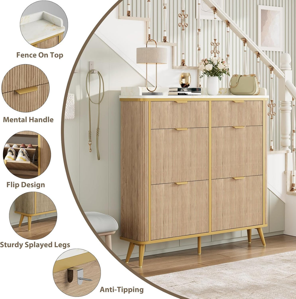 Fluted Shoe Storage Cabinet with 4 Flip Drawers & 2 Drawers, Freestanding...