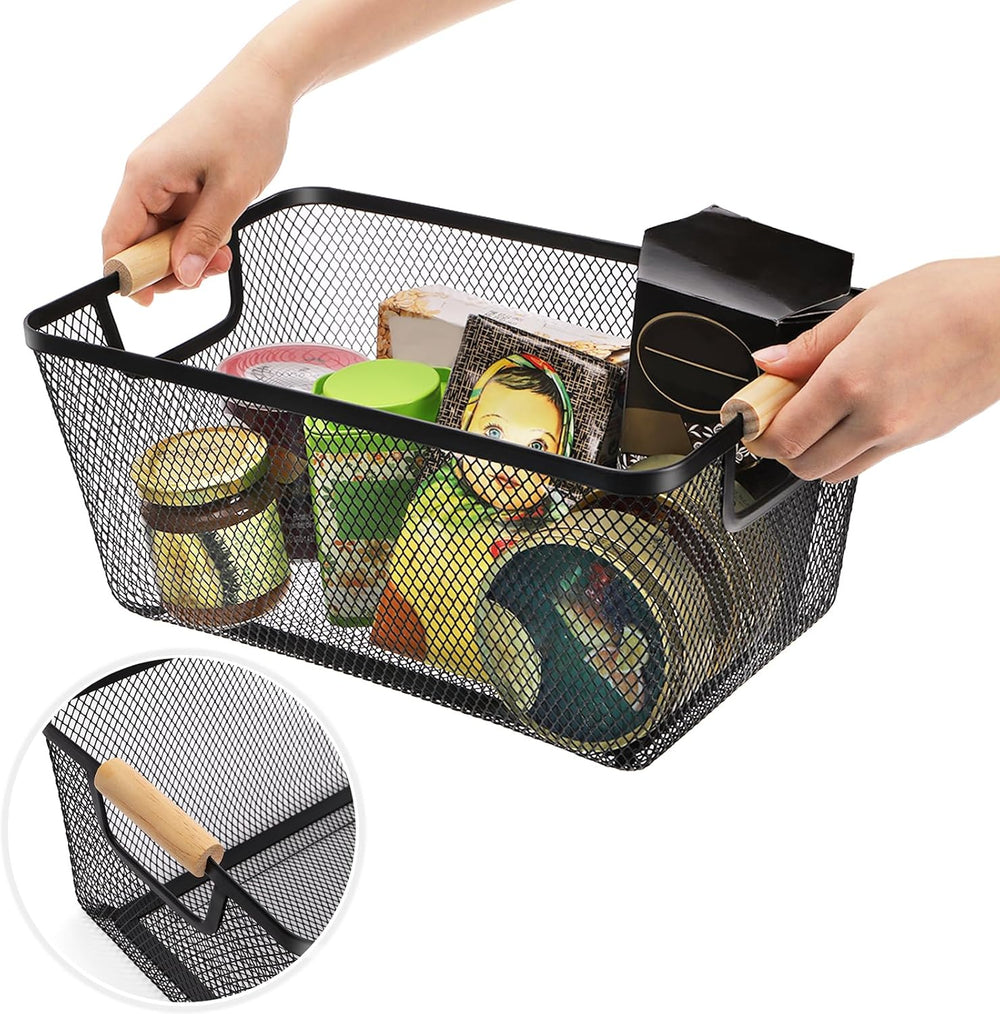 Noamus 3 Pack Metal Mesh Basket with Wooden Handle, Farmhouse Wire Steel Stor...