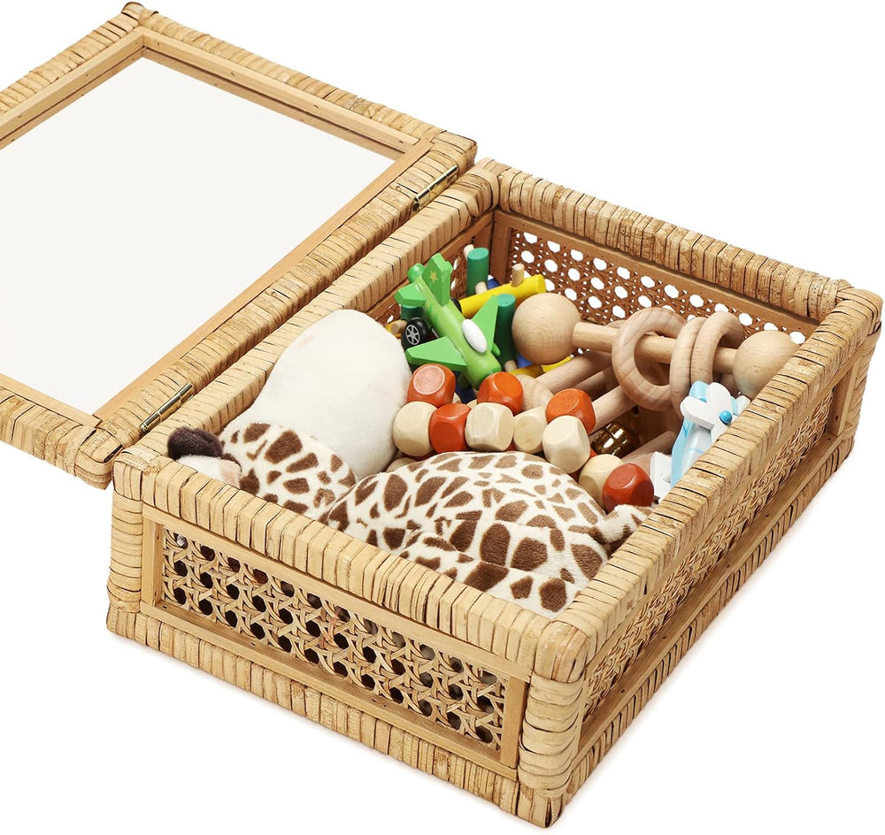 Amyhill Set of 2 Rattan Decorative Box with Glass Lid Rectangular Natural Wov...