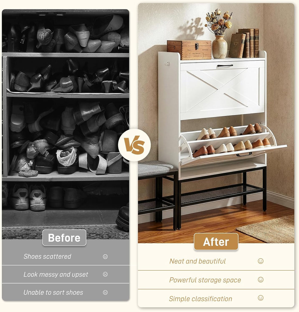 Karl home White Farmhouse Shoe Cabinet, Cushioned Entryway Bench Organizer